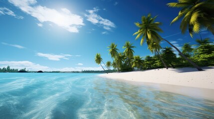 Tropical beach paradise with clear blue water and palm trees. Vacation and travel.