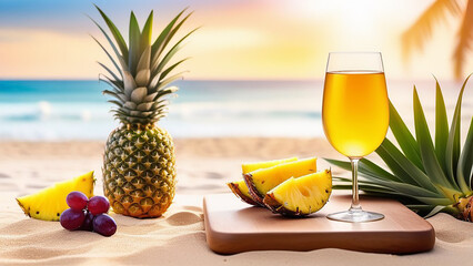 Glass of wine with pineapple against the background of the ocean. - Powered by Adobe