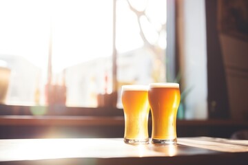 sunlight streaming through a window onto craft beer glasses