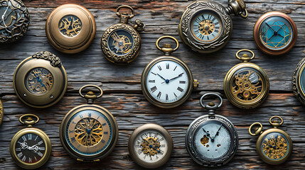 A collage of antique pocket watches on a weathered wooden surface, symbolizing the timeless nature of true love