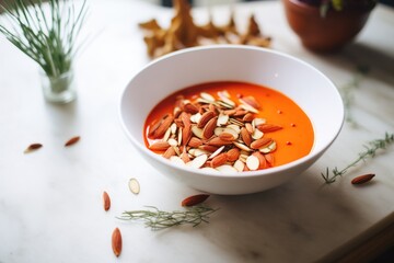 roasted red pepper detox soup with almond slivers, deep red hue