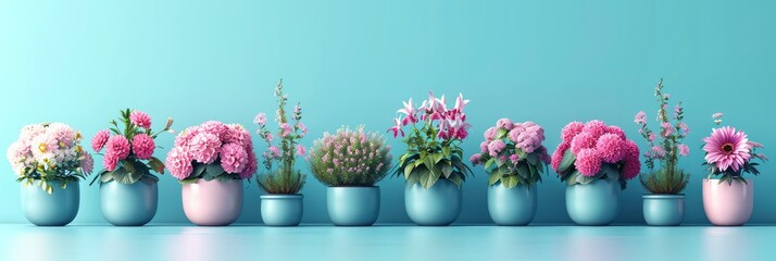  Set Blooming Plants Flower Pots, Banner Image For Website, Background, Desktop Wallpaper