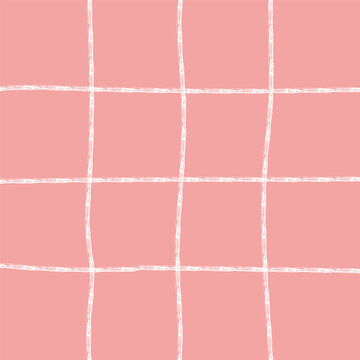 Hand drawn cute grid. doodle pink, red, white plaid pattern with Checks. Graph square background with texture. Line art freehand grid vector outline grunge print