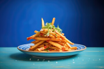 stack of crinkle-cut fries on a blue dish - obrazy, fototapety, plakaty