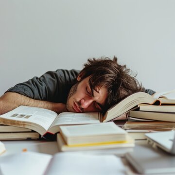 Man Resting His Head on a Pile of Books