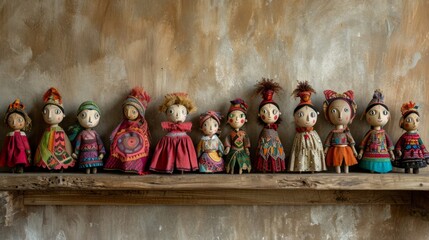Row of Dolls on Wooden Shelf