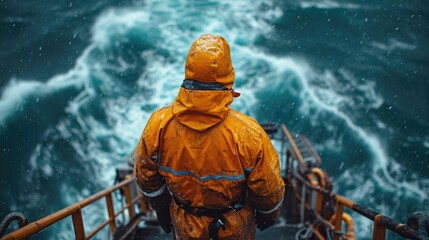 Resilient Offshore Oil Rig Worker Supervising Intense Drilling Operations in the Midst of Turbulent Seas, Underscoring the Hazards of Offshore Oil Extraction - obrazy, fototapety, plakaty