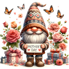 Fototapeta na wymiar Cute Watercolor Gnome Mother's Day Clipart Illustration