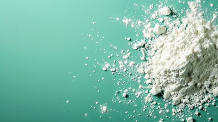 White flour on the green background of the kitchen table. Baking powder. - obrazy, fototapety, plakaty