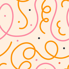 Naive seamless squiggle pattern with bright pink and purple wavy lines on a light background. Creative abstract squiggle style drawing background.
