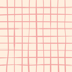 Hand drawn cute grid. doodle beige, pink, pale plaid pattern with Checks. Graph square background with texture. Line art freehand grid vector outline grunge print