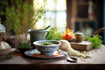 rustic setting with soup bowl, herbs, and spices scattered nearby