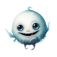 A small magical companion, floating ball-like winged creature, helps the journey with a mischievous grin, isolated on a white background