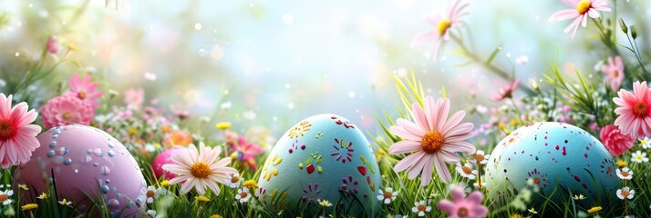  Stylish Easter Eggs Blooming Spring Flowers, Banner Image For Website, Background, Desktop Wallpaper