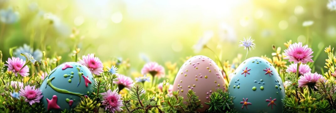  Stylish Easter Eggs Blooming Spring Flowers, Banner Image For Website, Background, Desktop Wallpaper