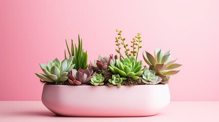The image shows a colorful and diverse arrangement of succulents in a sleek white container, set against a soft pink background, symbolizing growth and vitality.