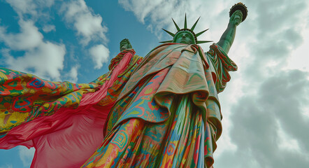 the statue of liberty is decorated with colorful cloth