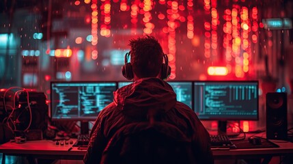 A focused man wearing headphones sits in front of glowing monitors displaying cyber data, illustrating the intense concentration required in cybersecurity operations.