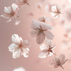 A collection of delicate cherry blossoms gently floating on a soft breeze against a pale pink background, conveying a sense of fleeting beauty. 