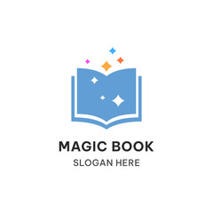 Magic book logo concept. Open book and stars vector illustration
