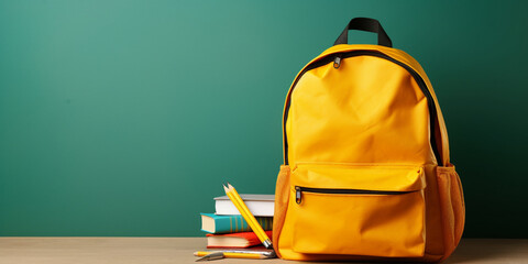 Yellow school bag with books and accessory on books, A backpack isolated on green background