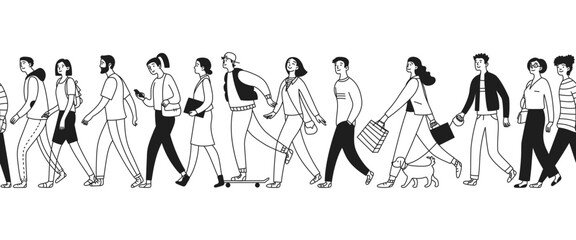 A crowd of people walking one after another. People are walking. Continuous series. Sequence. Men, women and teenagers walk. Vector illustration isolated in doodle style © Olena