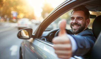 Side view of businessman in suit driving expensice car, smiling happily and showing thumb up, closeup. Young man entrepreneur going home by car after successful business meeting. - obrazy, fototapety, plakaty