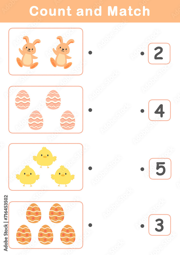 Wall mural Counting Game for Preschool Children. Math Activities for Kids with cute easter illustration. Math activities for toddlers to practice early math concepts.