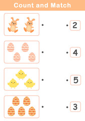 Counting Game for Preschool Children. Math Activities for Kids with cute easter illustration. Math activities for toddlers to practice early math concepts.