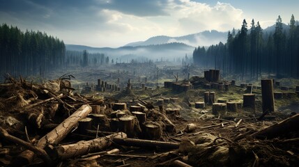 An evocative scene of environmental devastation, this image portrays a clear-cut forest under a hazy sky.