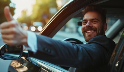 Side view of businessman in suit driving expensice car, smiling happily and showing thumb up, closeup. Young man entrepreneur going home by car after successful business meeting.