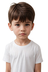 Sad little boy wearing a white t-shirt and looking at the camera. Sad or unsatisfied face. isolated, transparent background, no background. PNG.