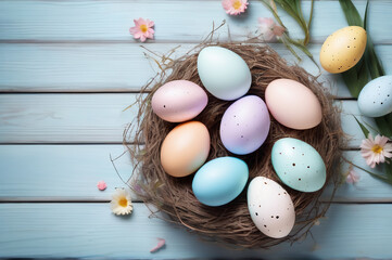 Easter Elegance: Pastel Eggs Nestled in a Close-Up Tabletop View