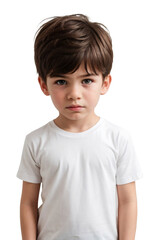 Sad little boy wearing a white t-shirt and looking at the camera. Sad or unsatisfied face. isolated, transparent background, no background. PNG.