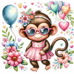 Obraz premium Cute monkey in dress and sunglasses, flowers, balloons, hearts, children's digital cartoon illustration