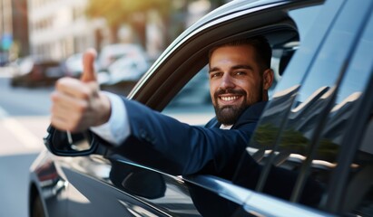 Side view of businessman in suit driving expensice car, smiling happily and showing thumb up, closeup. Young man entrepreneur going home by car after successful business meeting. - obrazy, fototapety, plakaty