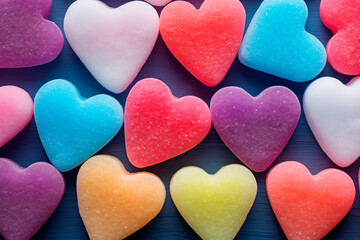 Obraz premium Closeup of pink candy hearts and sweets in shape of love symbol on pink background, for Valentine's day
