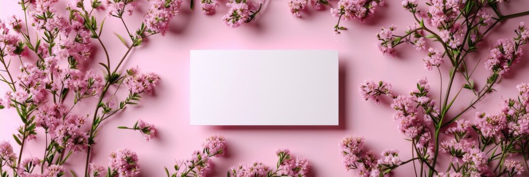  White Blank Business Card On Flowers, Banner Image For Website, Background, Desktop Wallpaper