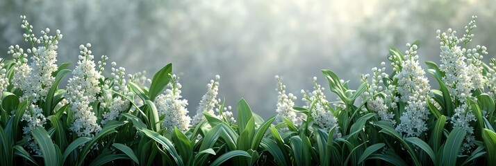  White Flowers Lily Valley Convallaria Majalis, Banner Image For Website, Background, Desktop Wallpaper - obrazy, fototapety, plakaty