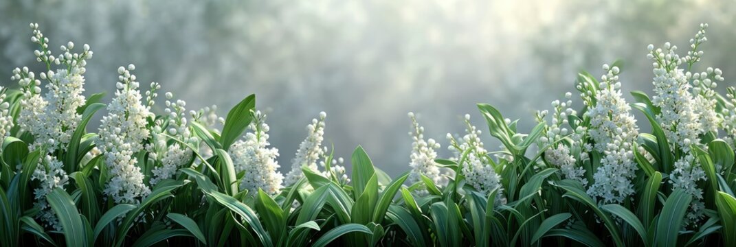 Fototapeta  White Flowers Lily Valley Convallaria Majalis, Banner Image For Website, Background, Desktop Wallpaper