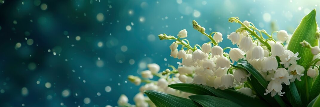  White Flowers Lily Valley Convallaria Majalis, Banner Image For Website, Background, Desktop Wallpaper