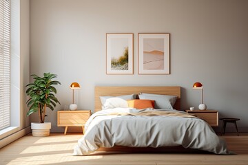 Minimalist double bedroom with bay window