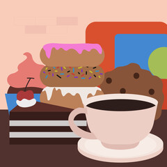 coffee sweets snacks cookies donut in flat illustration