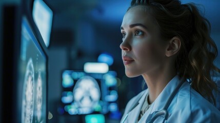 Confident Female Neurologist, Neuroscientist, Neurosurgeon, Looks at TV Screen with MRI Scan with Brain Images, Thinks about Sick Patient Treatment Method. Saving Lives, Medical Science Hospital