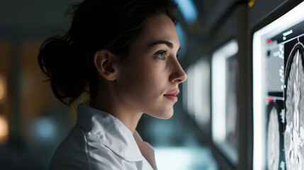 Confident Female Neurologist, Neuroscientist, Neurosurgeon, Looks at TV Screen with MRI Scan with Brain Images, Thinks about Sick Patient Treatment Method. Saving Lives, Medical Science Hospital