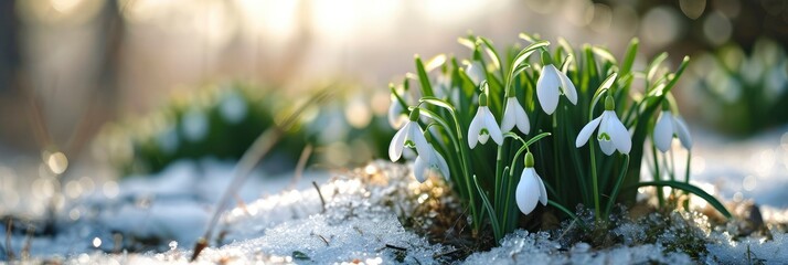  Wide Panorama Snowdrops Called Galanthus Nivalis, Banner Image For Website, Background, Desktop Wallpaper - obrazy, fototapety, plakaty