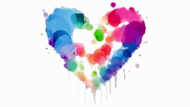 Heart. Watercolor painting of multicolor heart symbol. Animated video valentine card. Time lapse animation of the process of painting colored watercolor paint on a white background