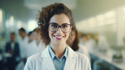 Fototapeta premium A beautiful young woman scientist wearing white coat and glasses in modern Medical Science Laboratory with Team of Specialists on background.