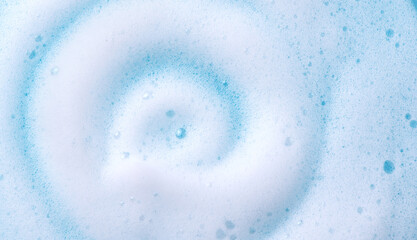 Foam swirl background. Liquid soap bubbles, Froth bubbles backdrop. Soap foam white backdrop. Soap sud macro structure close-up. Clean, cleaning, washing, laundry. Top view - obrazy, fototapety, plakaty