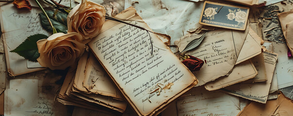 A composition of aged love letters, dried flowers, and vintage postcards, evoking a sense of timeless romance.